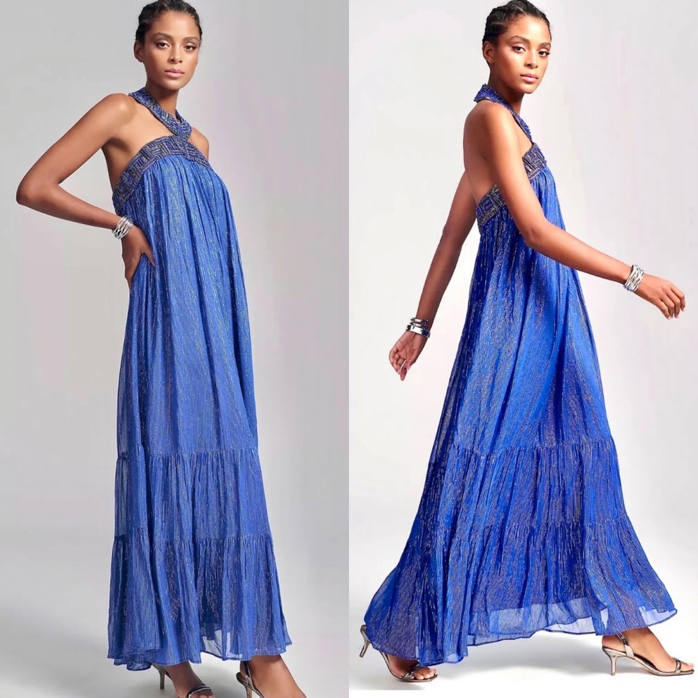 Anthropologie Nirmooha Shine Beaded Embroidered Halter Dress Sz M NWT